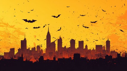 Obraz premium Halloween. City panorama in halloween style. Scary halloween isolated background. Orange and yellow background. Vector illustration.