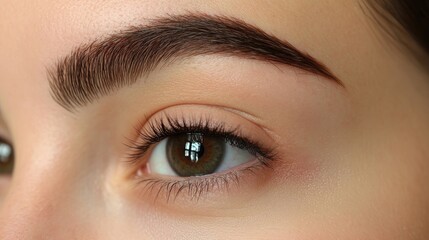 Fototapeta premium Close-up of well-groomed eyebrow featuring lamination and expert styling, highlighting a professional makeup artist's touch with natural skin tone and clear eye detail.