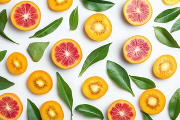 Naklejka premium Isolated slices of mature tamarillo fruit and leaves