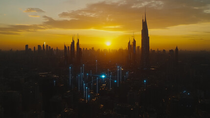 Smart digital Innovation city with connection network reciprocity over the sunset cityscape. of future wireless digital city and social media networking systems that connects people with in city