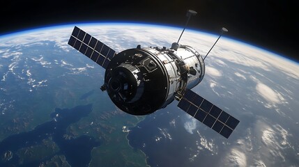 Fototapeta premium A realistic satellite orbiting Earth in the vastness of space, capturing detailed panels and antennas, with a view of Earth’s curvature in the background