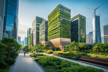 green architecture and sustainable city with eco-friendly buildings, vertical gardens, and modern urban design surrounded by nature
