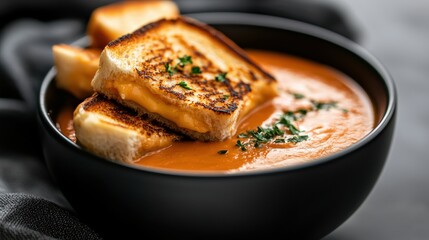 Fototapeta premium A bowl of soup with a slice of bread on top