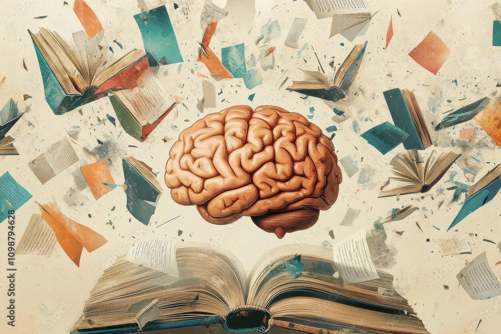 Aufkleber A brain hovers above an open book, surrounded by flying pages. This captures the essence of knowledge expansion and the joy of learning. Generative AI