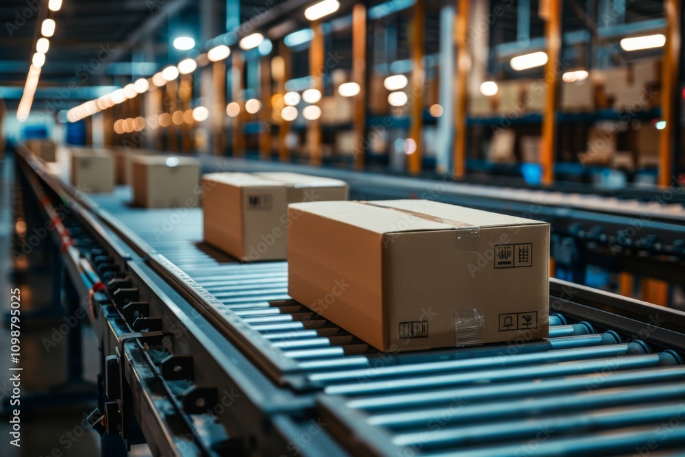 Poster boxes move along a conveyor belt in a warehouse setting. concept involves industrial automation and 