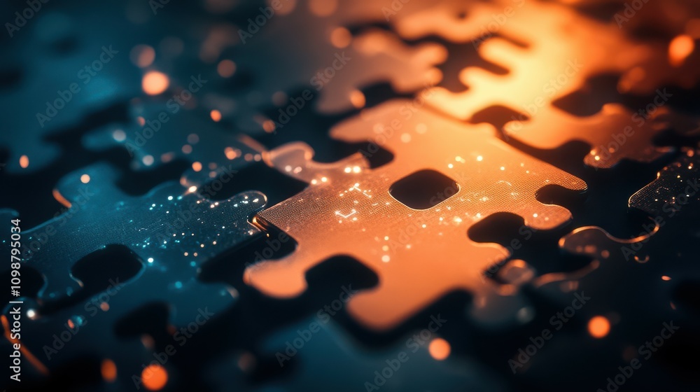 Poster puzzle pieces connected in a digital network, illustrating concepts like connectivity, problem-solvi