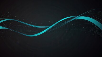 Abstract teal waves with glowing particles on dark background.