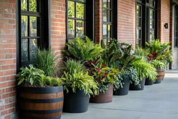 Fototapeta premium Large planters containing different plants next to a brick wall featuring windows