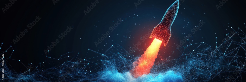 Fototapete A dynamic polygonal wireframe rocket ascends amidst vibrant flames and a network of digital particles, capturing technological innovation. Generative AI