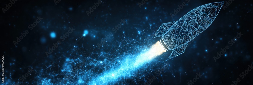 Aufkleber A polygonal wireframe rocket is launching, surrounded by glowing particles showcasing innovation in technology and exploration. Generative AI