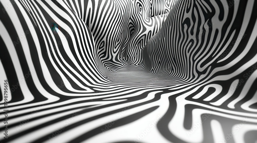 Poster the backdrop is an abstract black and white 3d composition with intricate line patterns that create 