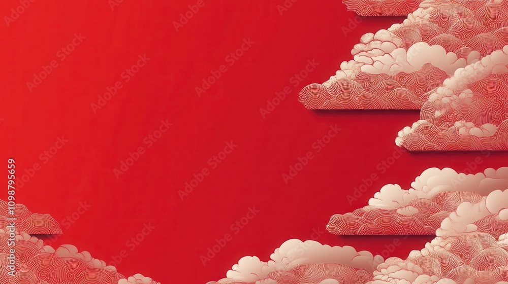 Poster red asian design background, with square frame and clouds on pattern. lunar new year template with c