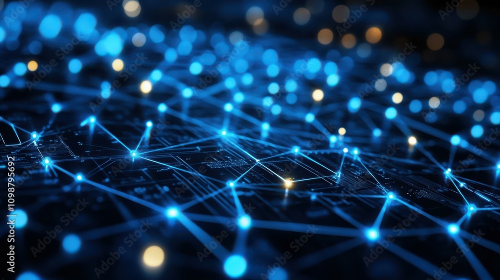 Poster the background banner of a digital network circuit board is blue and black with glowing lights and c