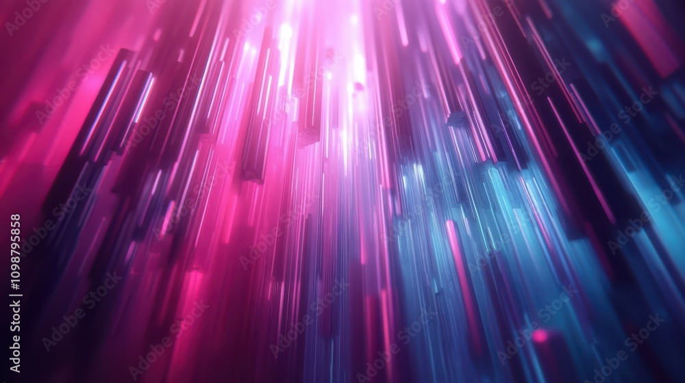 Poster the background features pink and blue glowing lines ascending in a 3d rendering. this is a stunning,