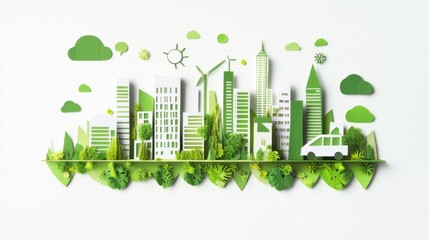 An imaginative representation of a green eco-city with sustainable infrastructure like green roofs and solar-powered transportation, symbolizing urban sustainability and eco-friendly living