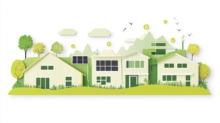 Fototapeta premium An imaginative representation of a green energy-efficient building complex with green roofs and passive solar design, symbolizing sustainable architecture and energy-efficient construction