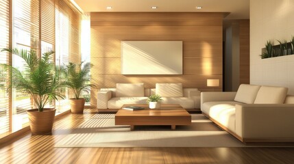 Fototapeta premium Modern living room with spacious layout, featuring comfortable sofas, wooden coffee table, and elegant lighting. design emphasizes minimalism and tranquility, creating welcoming atmosphere