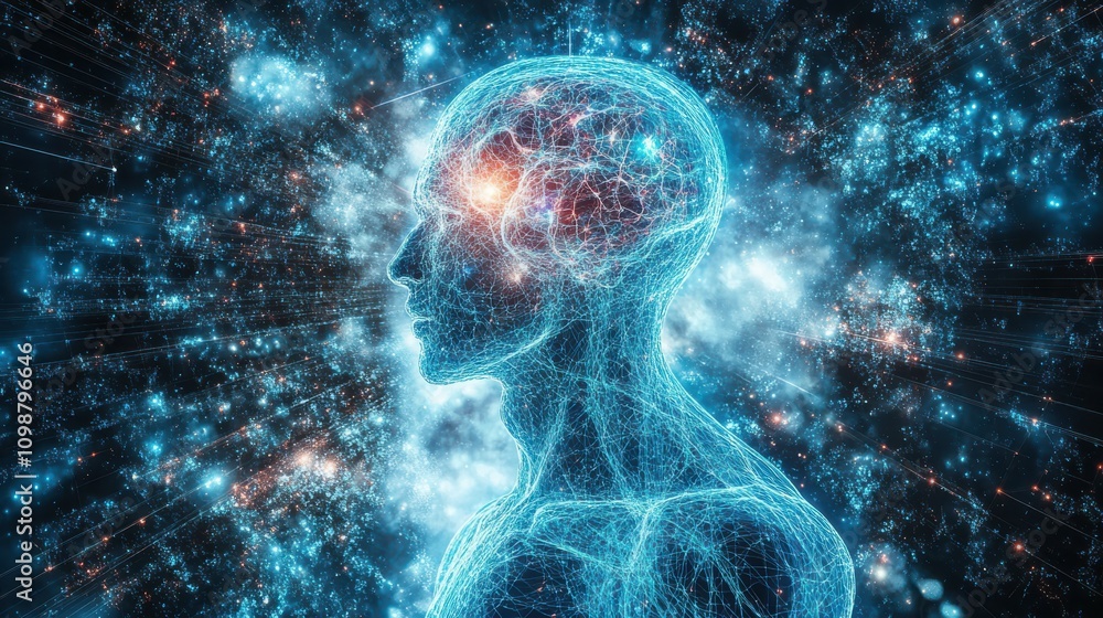 Poster hologram of a human body showing neural connections of the head and brain and organ structures on ab