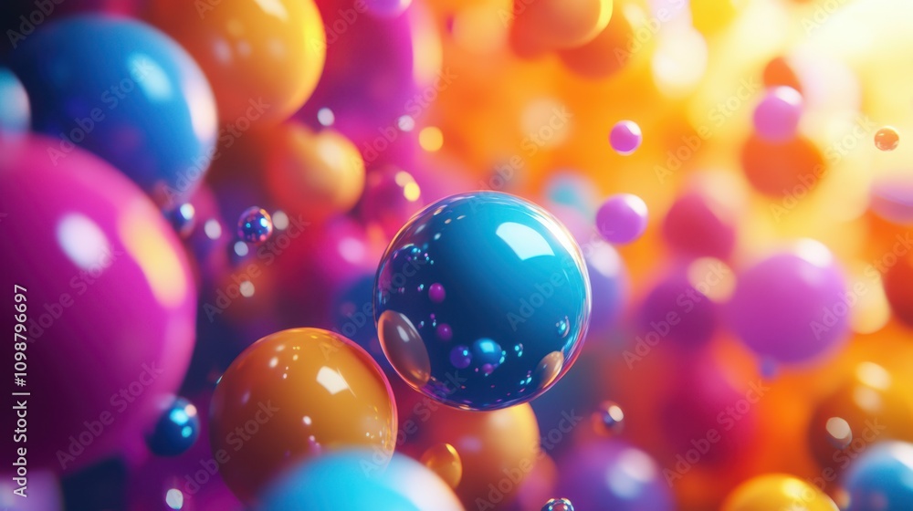 Poster motion graphics and abstract colorful spheres on a vibrant background.