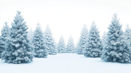 Obraz premium Tranquil winter forest with snowy fir trees, creating a serene and peaceful landscape ideal for text placement and seasonal themes.