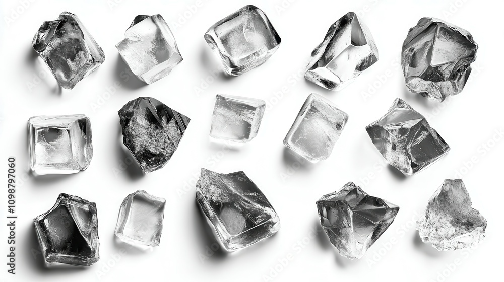Poster isolated collection of various shapes and sizes of crystal ice cubes for cold drinks.