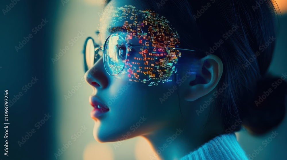 Aufkleber profile shot of an ai mate wearing glasses, her head adorned with binary code patterns and digital b