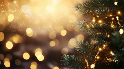 The festive background features golden lights garlands and spruce sprigs.