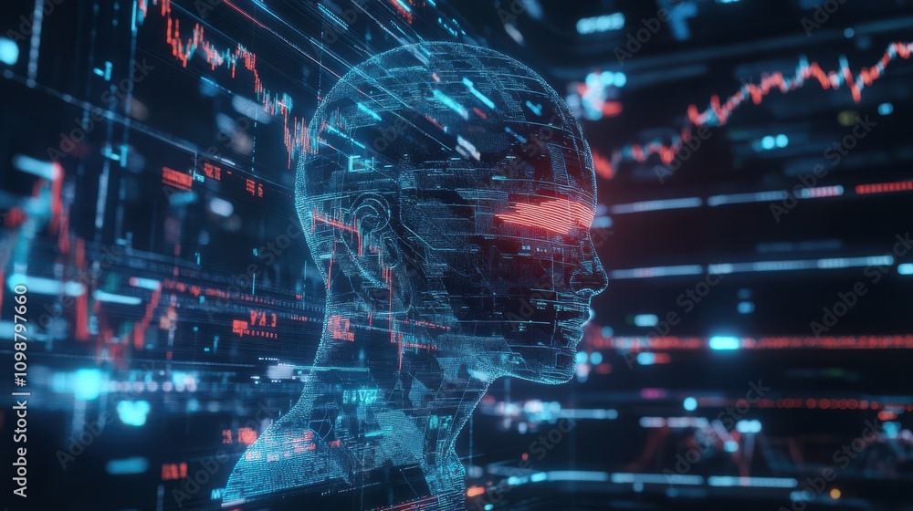 Aufkleber the idea of a futuristic stock head with glowing lines and a technology-based hud screen was created
