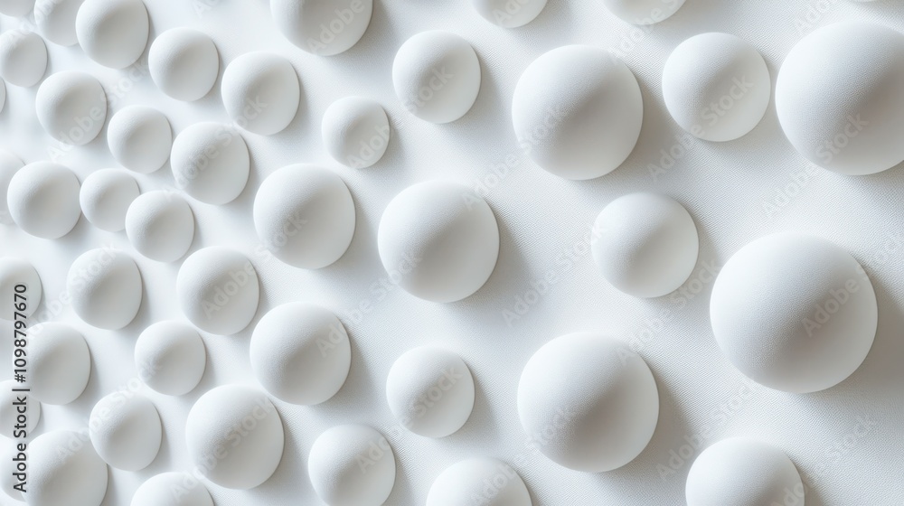 Poster image of ordered texture, abstract background of white balls organized in uniform grid. close-up of 