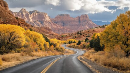 Winding road surrounded by autumn foliage with majestic mountains in the background under a dramatic cloudy sky.