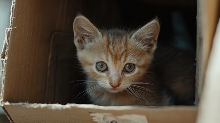 Small stray kitten with blue eyes resting in a cardboard box, looking lonely and vulnerable inside a cozy home environment.