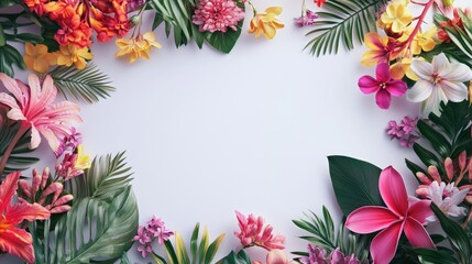 Fototapeta premium Vibrant botanical floral border showcasing a variety of colorful flowers and lush greenery arranged around a blank central space in a flat lay perspective.