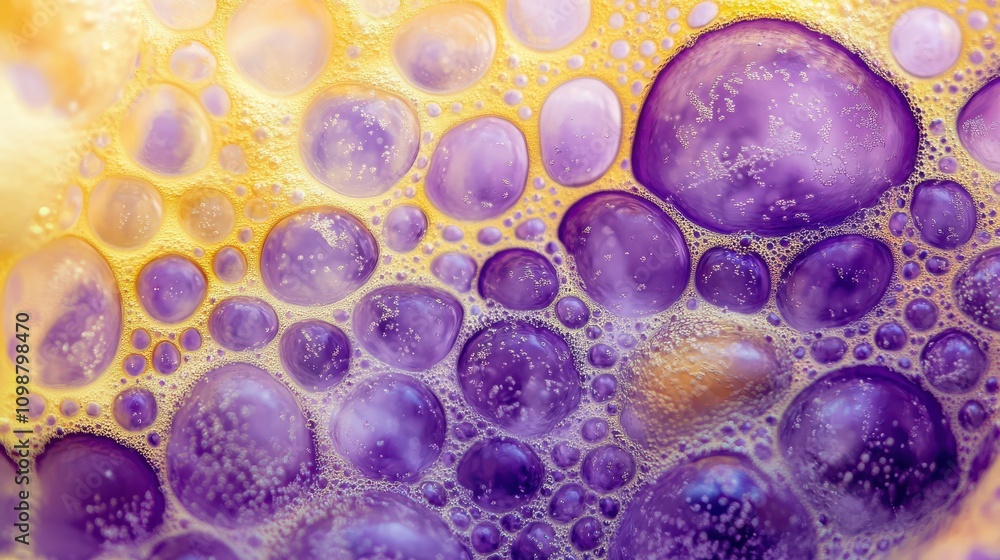 Aufkleber paint is dispersed in purple and yellow soap bubbles to create abstract patterns that add depth and 
