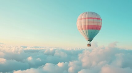 Obraz premium inspiration or travel background, fly above the clouds, colorful hot air balloon in blue sky