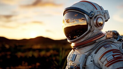 Fototapeta premium Astronaut in space suit desert landscape digital art sci-fi environment close-up exploration concept
