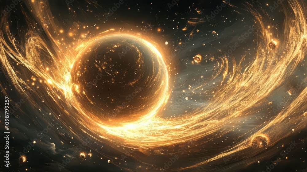 Poster this captivating close-up portrays a glowing sphere surrounded by glowing orbs and dynamic waves, de