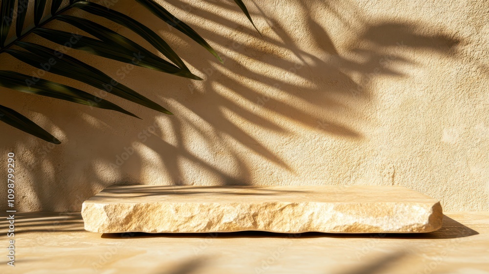Poster selective focus.sandstone top product display platform in tropical design with shadow palm leaf