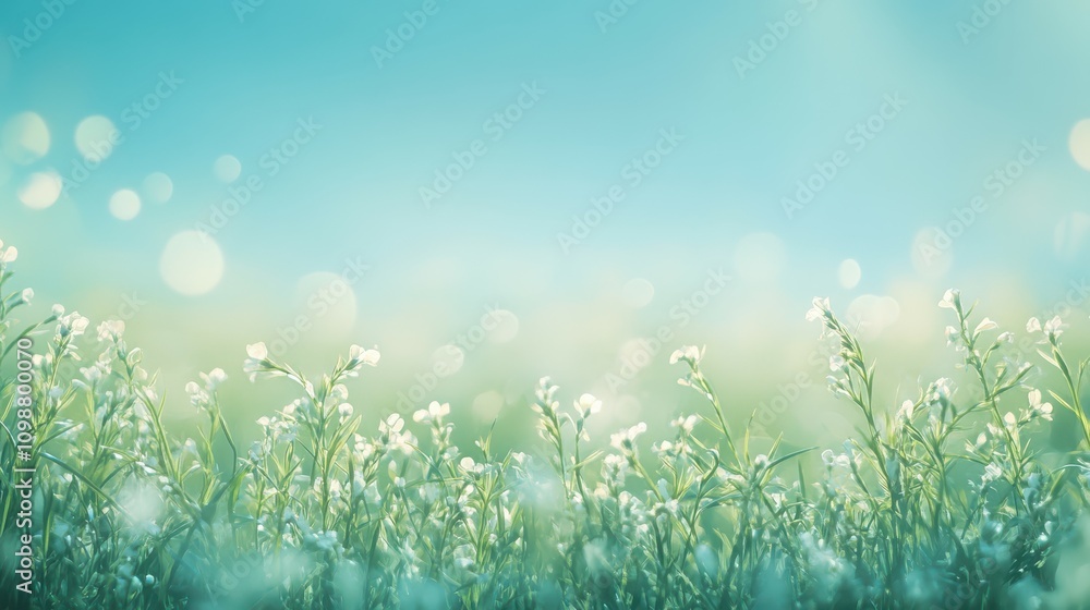 Poster spring meadow with green grass and blue sky. abstract background with light bokeh.