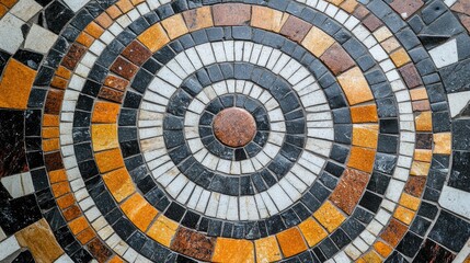 Naklejka premium Intricate close-up of a vibrant mosaic tile pattern showcasing concentric circles in black, white, and warm earthy tones.
