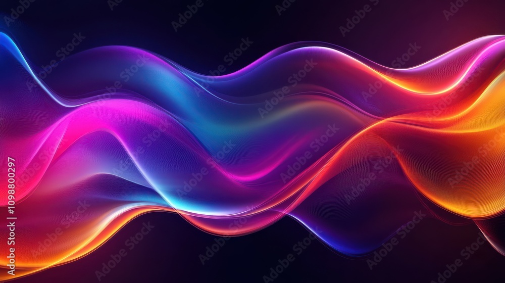 Poster simple abstract background with colorful neon wavy ribbons, glowing in ultraviolet spectrum light