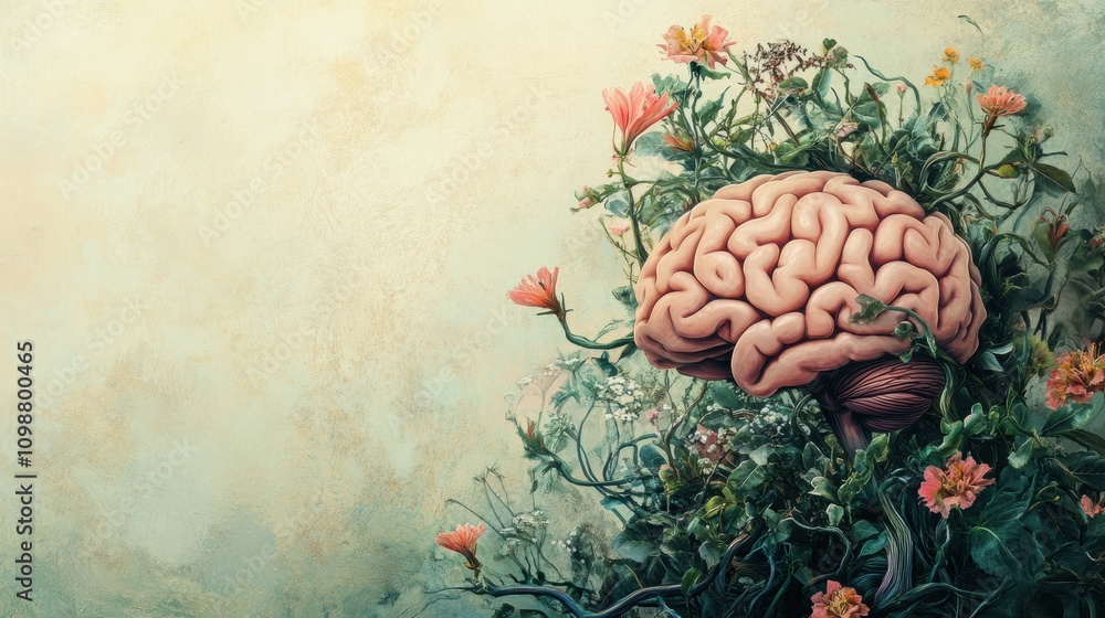 Aufkleber a detailed brain is positioned amidst lush foliage and colorful flowers, creating a unique and tranq