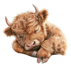 Soft and Sleepy Highland Cow Calf Resting Peacefully in a Serene Pose With Its Curly Fur and Tiny Horns Visible