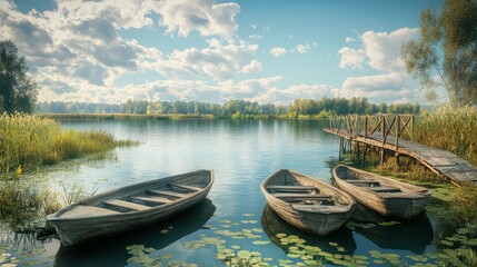 Obraz premium Landscape of a lake with rowboats and old wooden bridges, peaceful water with a fresh environment and a beautiful sky and clouds in the background, a great place for rest and relaxation.