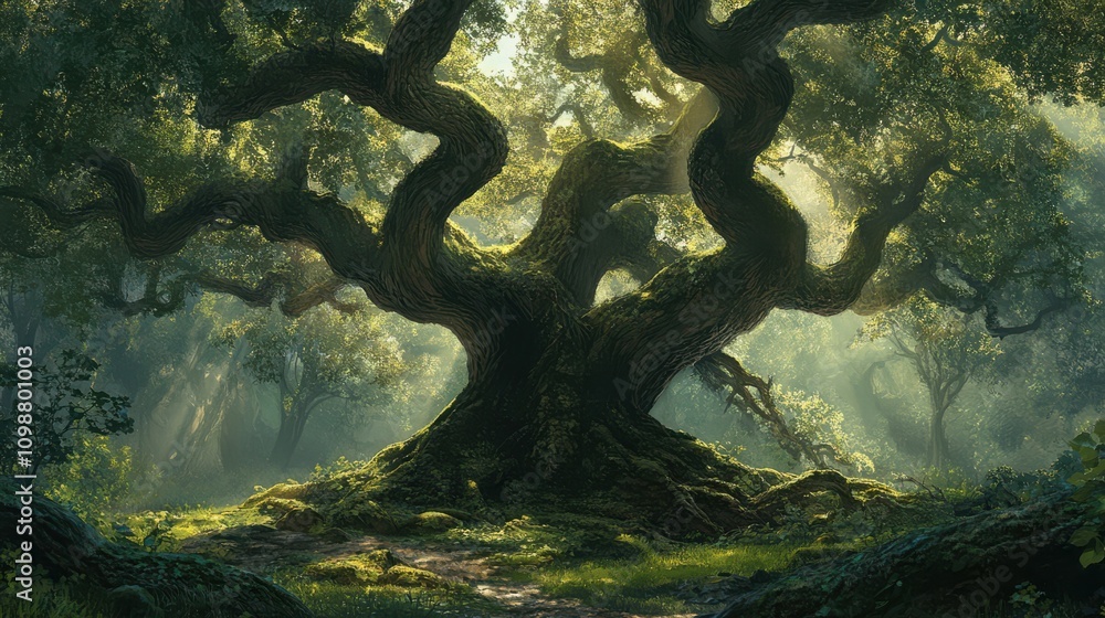 Poster large ancient tree with twisted branches and sprawling roots