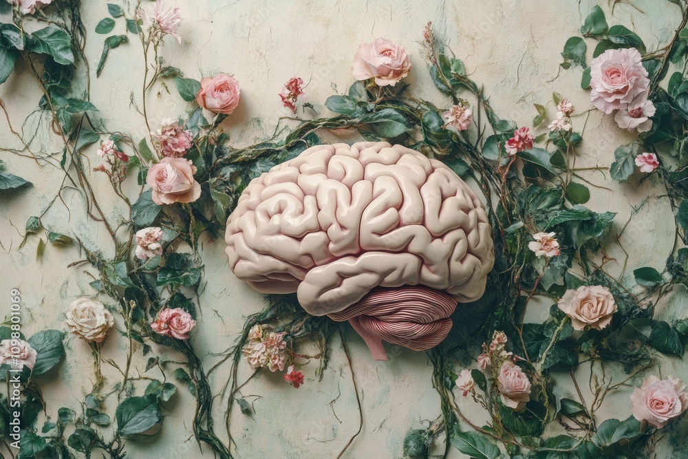 Aufkleber a realistic brain sculpture is nestled among roses and vines, creating a striking contrast against t