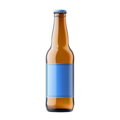 Clear Brown Beer Bottle With a Blue Label Suitable for Various Beverage Brands or Custom Creations