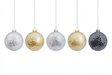 Obraz premium Christmas balls gold vector set design. Christmas elegant ball in embossed pattern, shiny, silver glitter and glossy round bauble hanging isolated in white background. Vector illustration 3d ornaments