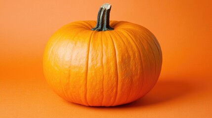 Obraz premium Vibrant orange pumpkin set against a bright orange background, showcasing its smooth texture and distinct stem, perfect for fall themes.