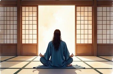 A serene woman meditating in a traditional Japanese-style tatami room, seated on a yoga mat, facing a shoji window with soft natural light, symbolizing mindfulness and inner peace