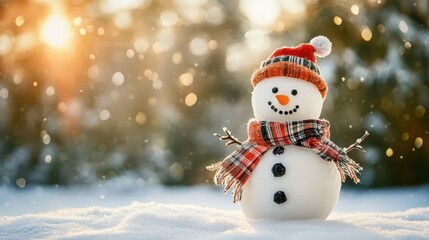 Fototapeta premium Little snowman in a cap and a scarf on snow in the winter. Christmas card with a lovely snowman, copy space